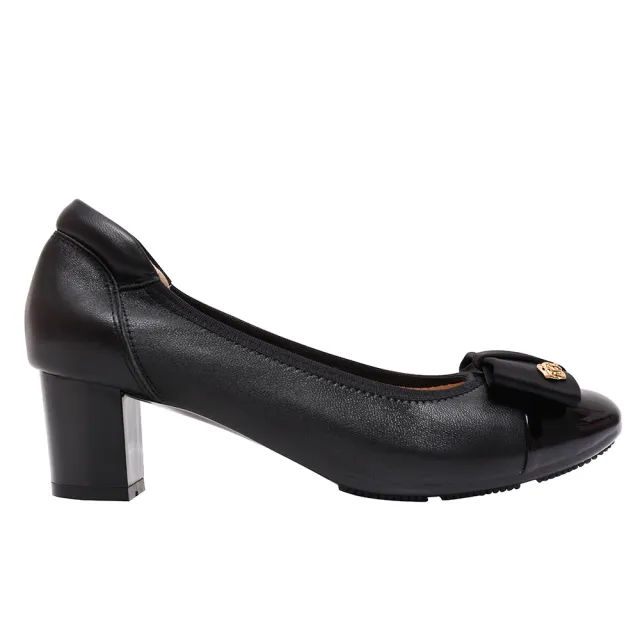 【Ann’S】高雅山茶花-方結牛皮軟漆皮粗跟圓頭包鞋5cm(黑)