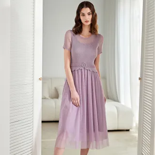 【ILEY 伊蕾】高端奢華立體壓褶拼接網紗長洋裝(紫色；M-XL；1231067321)