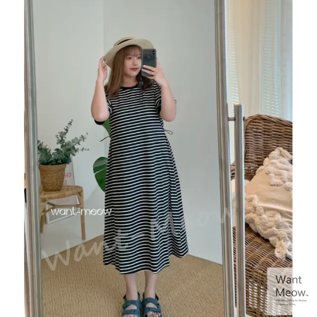 【Want-Meow】85公斤可穿/韓系簡約短袖條紋隱藏縮腰長洋(大碼洋裝/大尺碼/韓系歐膩穿搭/孕婦裝)