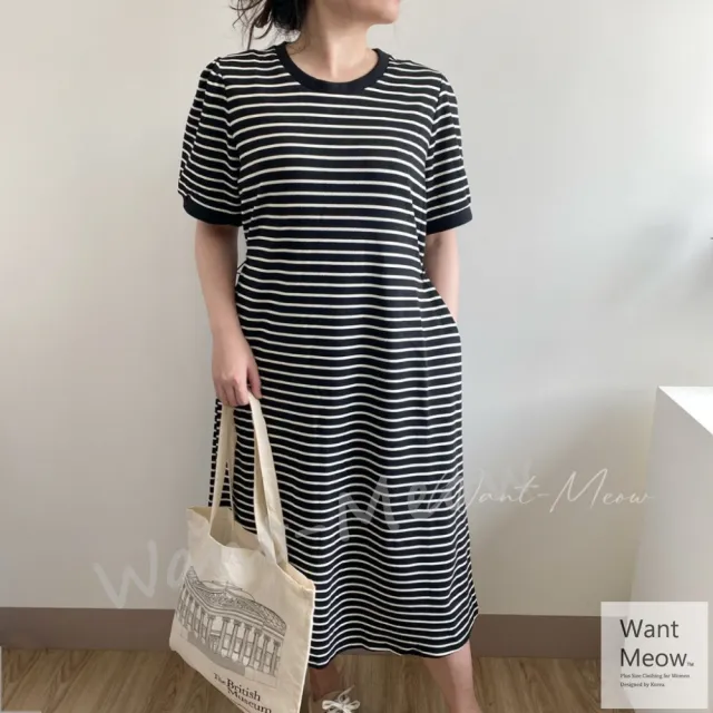 【Want-Meow】85公斤可穿/韓系簡約短袖條紋隱藏縮腰長洋(大碼洋裝/大尺碼/韓系歐膩穿搭/孕婦裝)