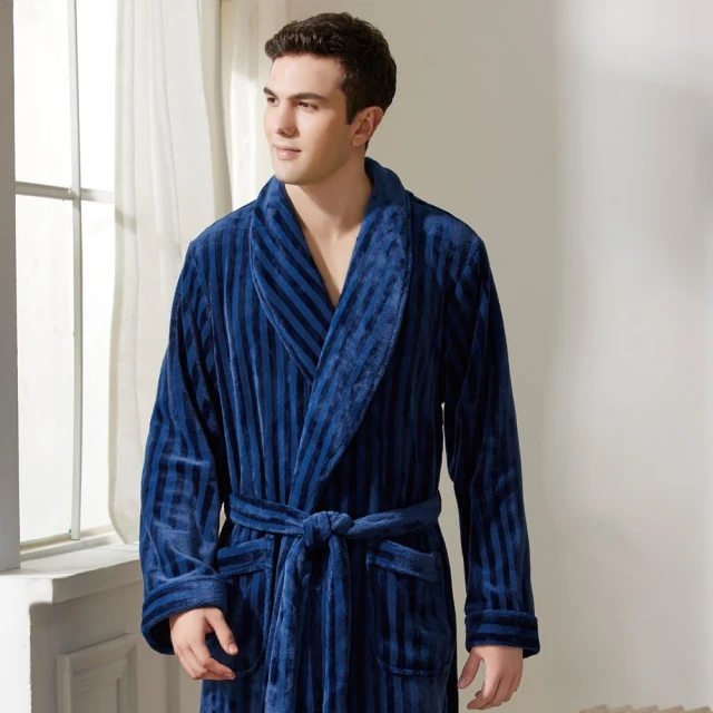 Wacoal 華歌爾Wacoal 華歌爾 睡衣-家居系列 M-LL男士法蘭絨直條絲瓜領外袍 LRZ95633K1(皇室藍)