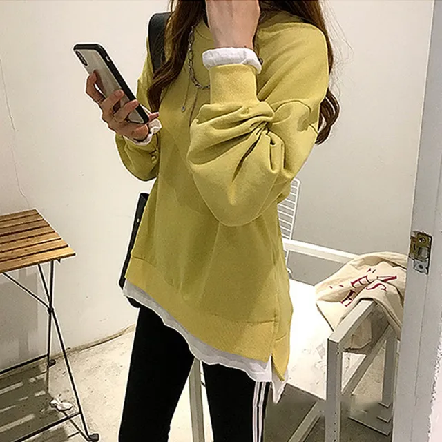 【D.studio】韓版側邊開叉寬鬆長袖上衣(女裝 衣服 寬鬆上衣 顯瘦上衣 冬裝 長袖t恤 素T 素色 大學T W275)