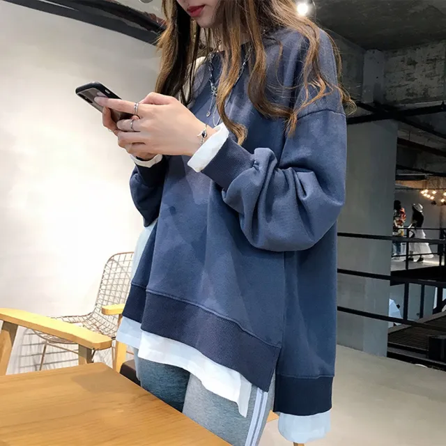 【D.studio】韓版側邊開叉寬鬆長袖上衣(女裝 衣服 寬鬆上衣 顯瘦上衣 冬裝 長袖t恤 素T 素色 大學T W275)