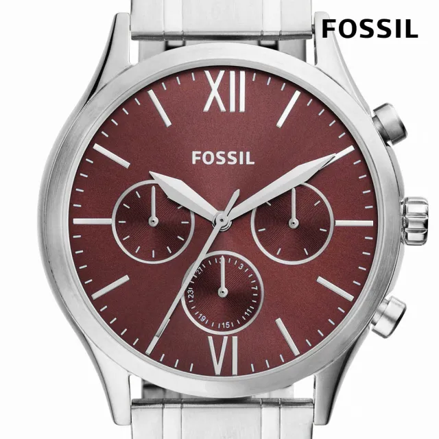 FOSSIL 官方旗艦館】Fenmore 暗絳風尚經典三眼手錶銀色不鏽鋼錶帶44MM