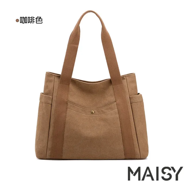 【MAISY】文藝簡約帆布大量手提單肩托特包(卡其色 / 灰色 / 咖啡色 / 紫咖色 / 黑色)
