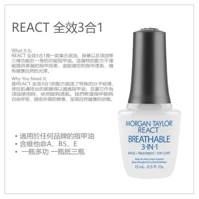 【MORGAN TAYLOR】REACT 全效3合1 15ml(底油/頂油/建甲油/BASE/TOP)