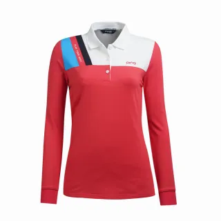 【PING】女款單邊三色長袖POLO衫-紅(吸濕排汗/蓄熱保溫/GOLF/高爾夫球衫/RA21206-18)