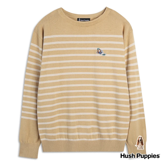 【Hush Puppies】男裝 線衫 細條紋慵懶狗船型領線衫(深卡其 / 34113104)