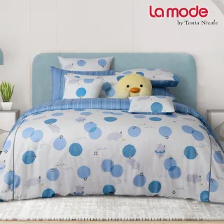 【La mode】活動品-環保印染100%精梳棉兩用被床包組-悠悠水樂園+小悠鴨鴨兩用抱枕毯(雙人)