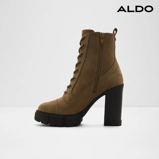 【ALDO】REBEL2.0-時尚高跟綁帶皮革中筒靴-女靴(卡其色)
