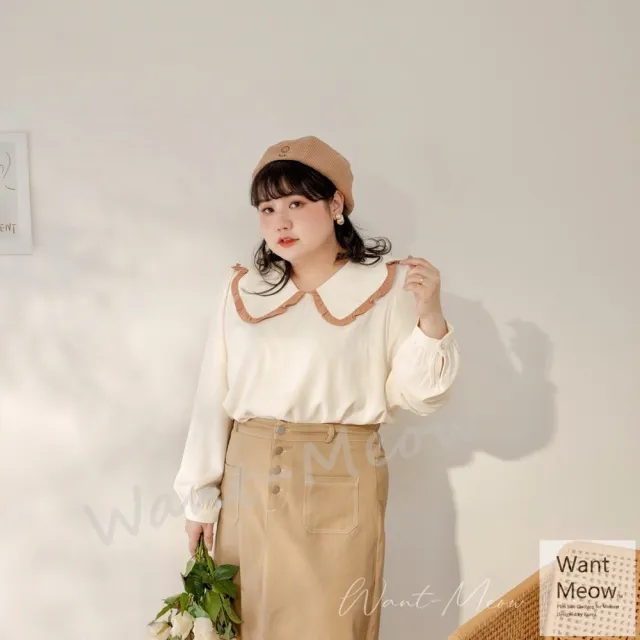 【Want-Meow】90公斤可穿/長袖韓系氣質撞色邊寶寶領襯衫(長袖上衣/大碼/大尺碼/加大碼/孕婦裝)