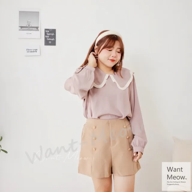 【Want-Meow】90公斤可穿/長袖韓系氣質撞色邊寶寶領襯衫(長袖上衣/大碼/大尺碼/加大碼/孕婦裝)
