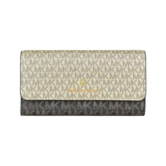 Michael Kors MK MICHAEL KORS JET SET CHARM圓標LOGO撞色滿版印花PVC 16卡釦式三折長夾(深咖啡x淡金)