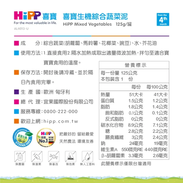 【HiPP】喜寶生機蔬菜泥系列3口味任選125gx6入(綠花椰菜泥/綜合蔬菜泥/田園蔬菜飯)