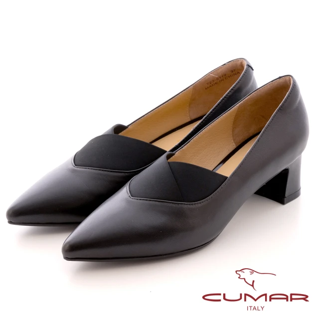 CUMARCUMAR 簡約尖頭異材質拼接彈性帶深口粗跟鞋(黑色)