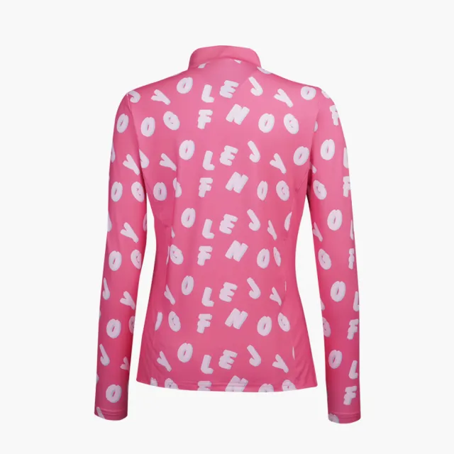 【PING】女款滿版文字立領長袖POLO衫-粉紅(吸濕排汗/抗UV/GOLF/高爾夫球衫/RA21215-15)