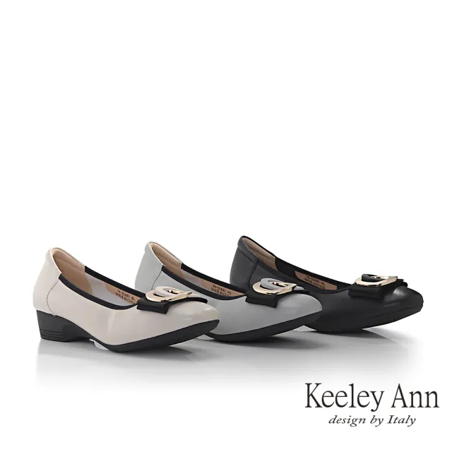 【Keeley Ann】圓釦柔軟真皮粗跟包鞋(米白色385568132)