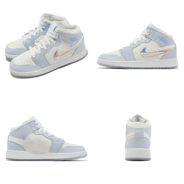 NIKE 耐吉】休閒鞋Air Jordan 1 Mid SE GS 女鞋大童鞋白藍AJ1 喬丹閃亮