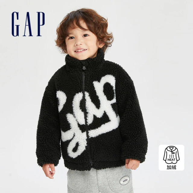 GAP 男幼童裝 Logo小熊刺繡仿羊羔絨立領長袖外套-深灰