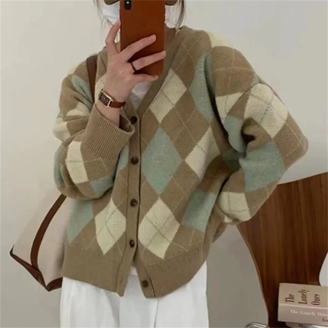 【巴黎精品】現貨+預購 毛衣外套長袖針織衫(拼色菱格V領短款女外套5色a1dh19)