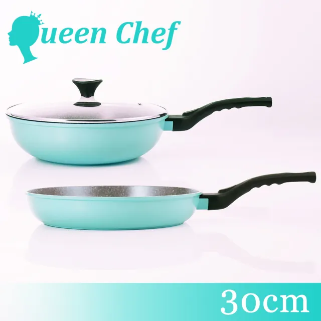 【Queen Chef】韓國礦岩鈦合金鑄造不沾鍋雙鍋 30CM 4件組(炒鍋+平底鍋+蓋+竹鏟 交換禮物)