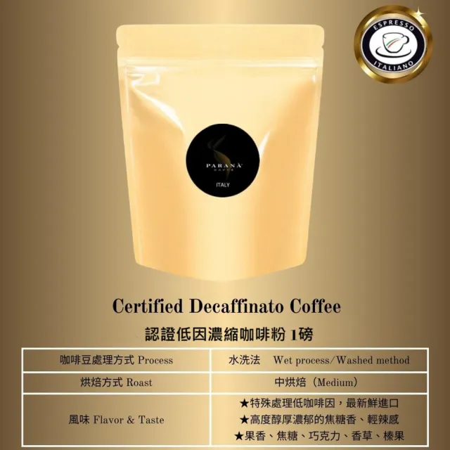 【PARANA  義大利金牌咖啡】認證低因濃縮咖啡粉1磅X2入、出貨前現磨(2024新鮮進口、義大利國家認證)