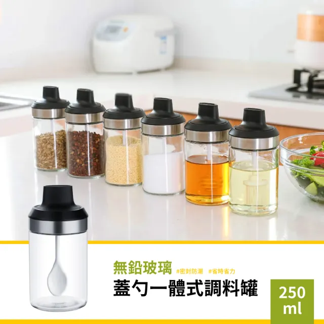 【質感廚房】簡約玻璃蓋勺一體調味料罐-250ml(密封罐 調味料盒 調味罐 分裝罐 調味瓶 香料 鹽罐 胡椒)