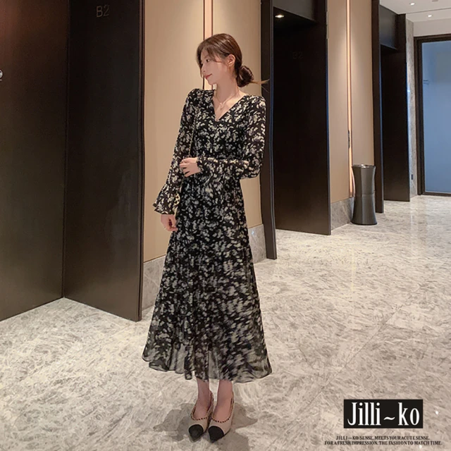 JILLI-KO V領雪紡碎花高腰長袖桔梗洋裝連衣裙-F(黑)