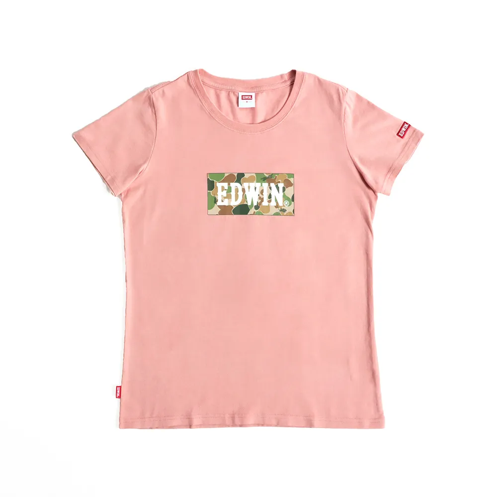 【EDWIN】女裝 迷彩BOX短袖T恤(淺粉紅)