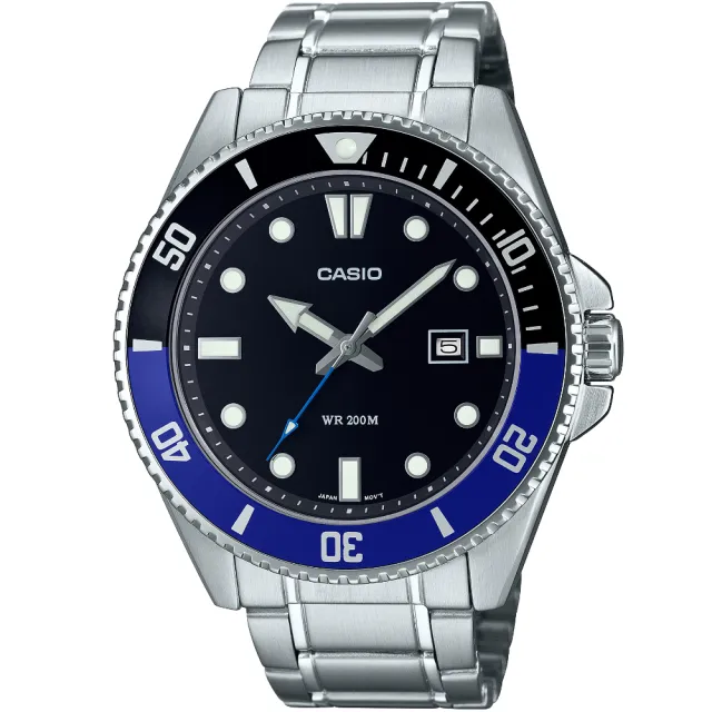 【CASIO 卡西歐】卡西歐運動鋼帶錶-藍黑水鬼(MDV-107D-1A2 台灣公司貨)