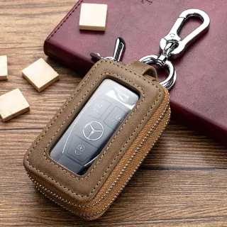 【男士配件】真皮 雙層復古牛皮鑰匙包(汽車鑰匙 拉鍊包 隨身包 遙控包 門禁扣 掛腰鑰匙包