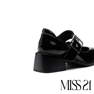 【MISS 21】叛逆未來少女純色寬繫帶大方頭瑪莉珍高跟鞋(黑)