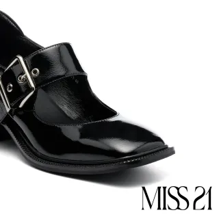 【MISS 21】叛逆未來少女純色寬繫帶大方頭瑪莉珍高跟鞋(黑)