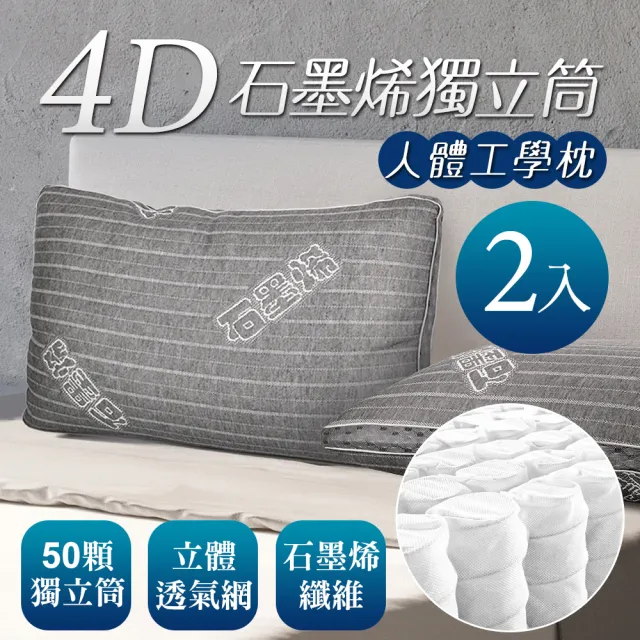 【床之戀】嚴選 台灣製4D透氣人體工學石墨烯獨立筒枕頭2入