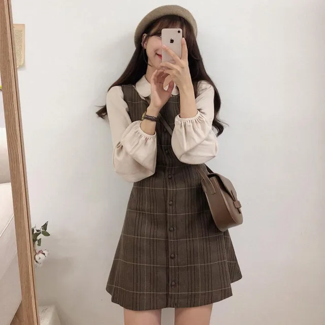 【D.studio】韓版復古襯衫格子連衣裙(長袖上衣 女裝 衣服 寬鬆上衣 顯瘦上衣 素色 冬裝 套裝 洋裝 S101)