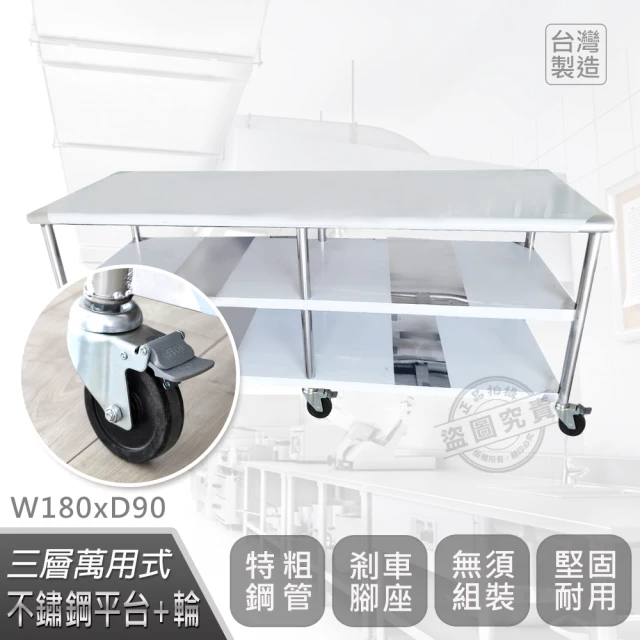 Abis 客製商品-豪華升級版90X180CM三層圓角430不鏽鋼桌-附煞車輪/料理桌/工作台/流理台(3尺X6尺)