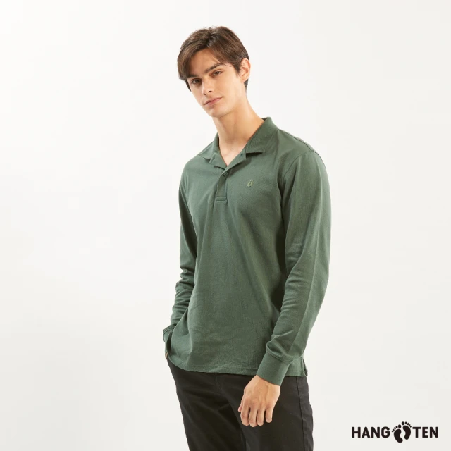 Hang Ten 男裝-經典素色長袖POLO衫(深綠)