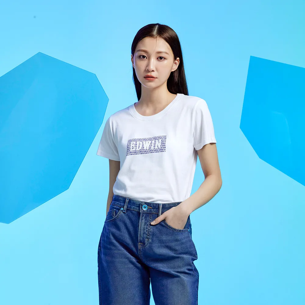 【EDWIN】女裝 小字排列BOX LOGO短袖T恤(白色)