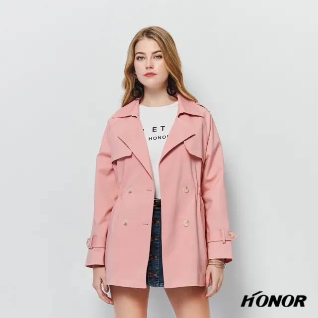 【HONOR 山形屋】出清品 法式翻領收腰排釦風衣-粉紅/卡其(限定出清)