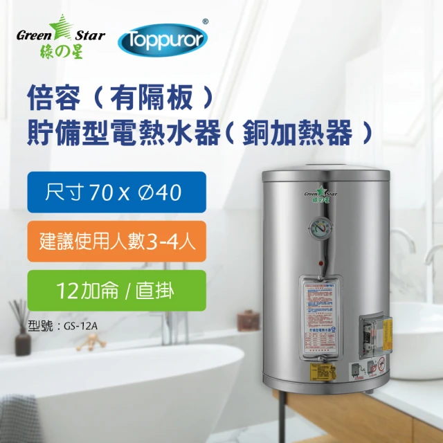 Toppuror 泰浦樂 綠之星 倍容有隔板貯備型電熱水器銅加熱器12加侖直掛式6KW(GS-12A-6)