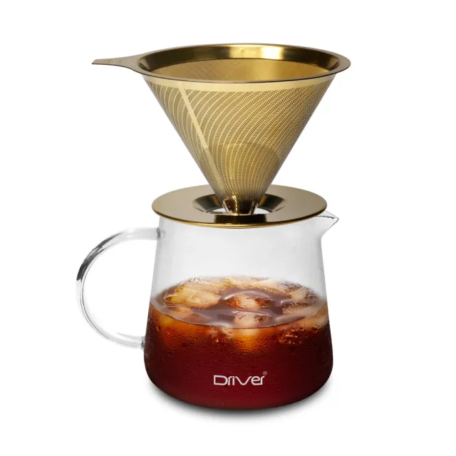 【Driver】鈦 黃金流速 MOKA 禮盒組 2-4cup(耐熱玻璃壺 咖啡濾杯 不鏽鋼濾杯)