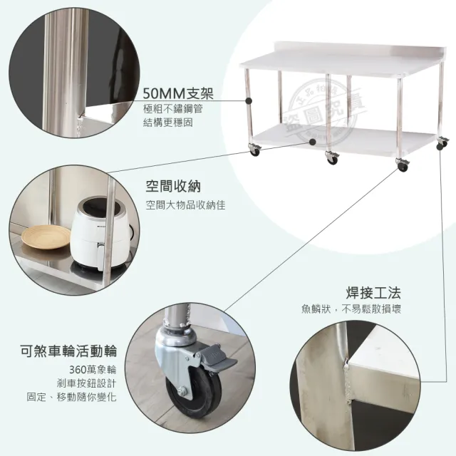 【Abis】客製商品-豪華升級版加牆款二層430不鏽鋼桌-附煞車輪/料理桌/工作桌/工作台/流理台(144X56CM)