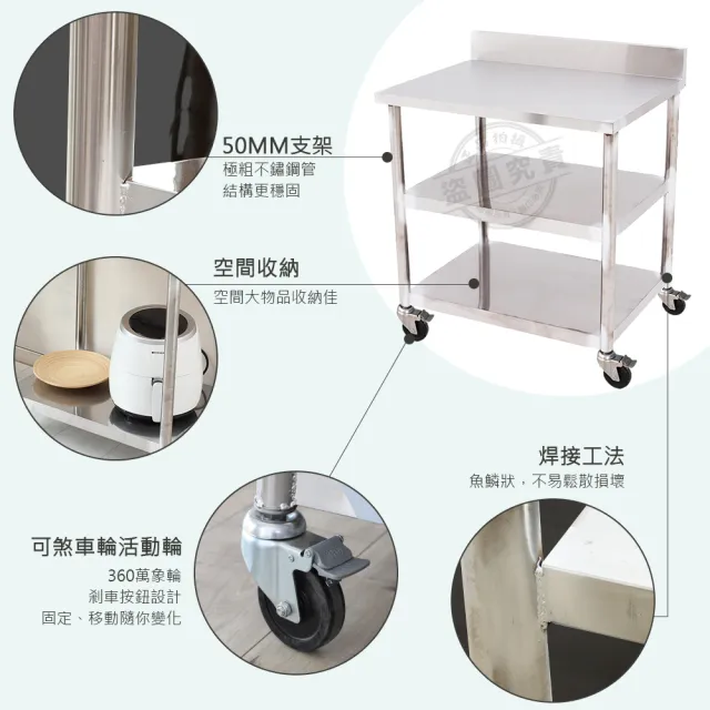 【Abis】客製商品-豪華升級版加牆款三層430不鏽鋼桌-附煞車輪/料理桌/工作桌/工作台/流理台(72X56CM)