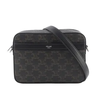 【CELINE】TRIOMPHE 塗層帆布及小牛皮拉鍊郵差包(黑色)