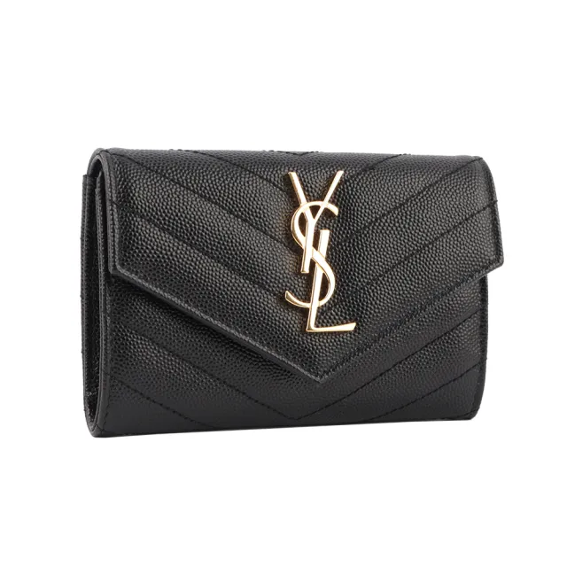 【YSL】山形紋荔枝皮金字logo小卡/短夾(黑色)