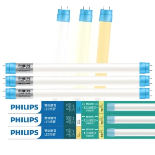 【Philips 飛利浦】6支入 T8 2尺 9.5W 雙端入電LED玻璃燈管 全電壓(白光 自然光 黃光)