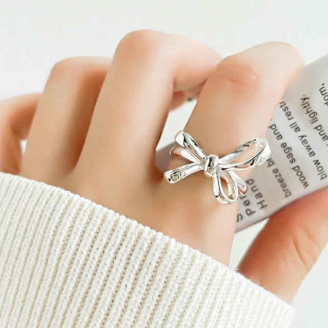 SUMMER一夏 韓國設計S925純銀復古簡約線條大蝴蝶結輕奢開口戒指食指潮流戒指(甜酷風)