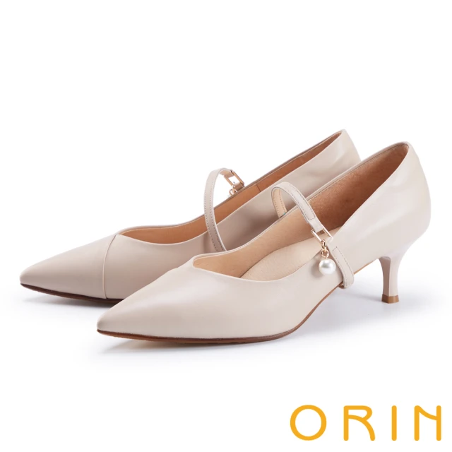 ORIN 菱格壓紋牛皮尖頭低跟鞋(米色)優惠推薦