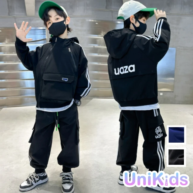 UniKidsUniKids 中大童裝2件套設計感長袖連帽外套大口袋休閒長褲 男大童裝 AJW8281(黑 藍)