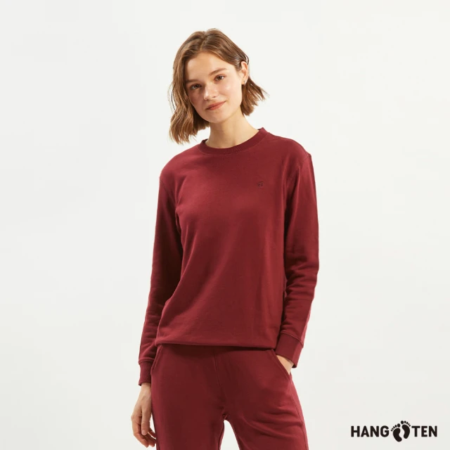 Hang Ten 女裝-Regular Fit經典素面長袖鬆緊長褲套裝(深紅)